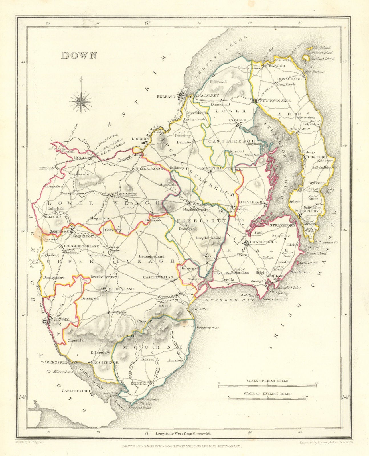 COUNTY DOWN antique map for LEWIS by DOWER & CREIGHTON. Ulster 1846 old